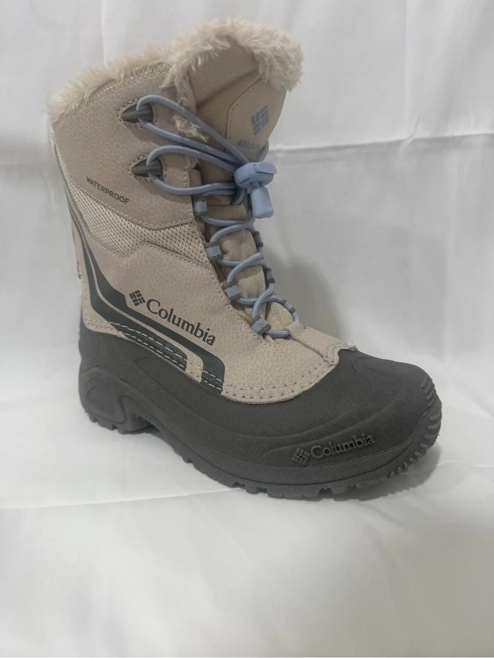 Columbia Kids Waterproof Snow Boot in Beige and Gray with Faux-Fur Collar